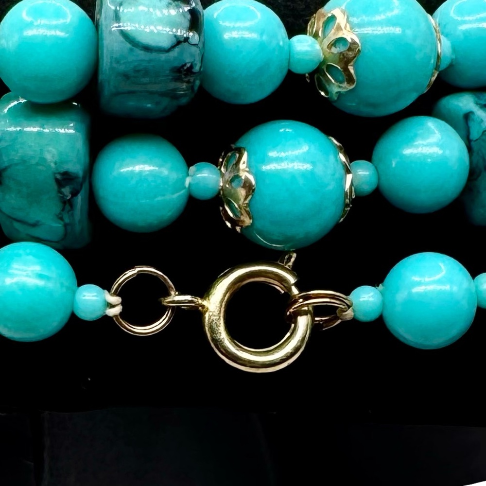 Elegant 53” Turquoise Beaded Necklace and Earring Set w Gold Accents, Vintage - Picture 5 of 5